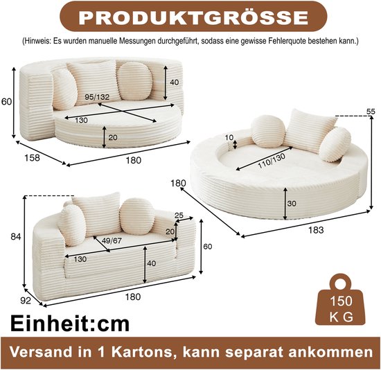 Afmetingen van de beige ribfluwelen bank en dagbed in cm.