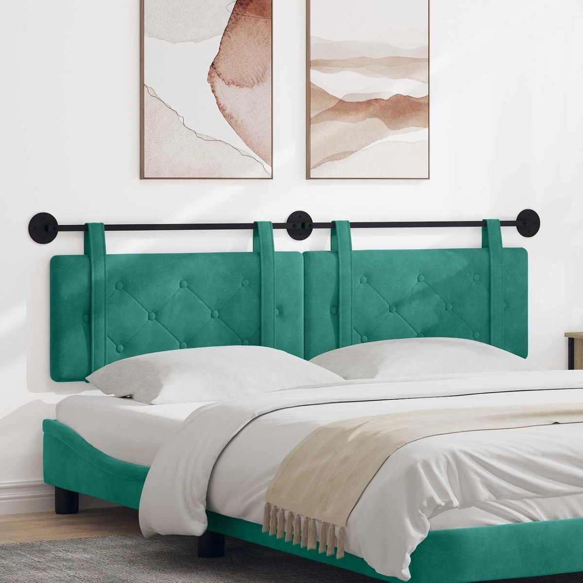 Hoofdeinde turquoise fluweel met knooppatroon, wandmontage, rechthoekig, modern design, houten frame, onderhoudsvriendelijk