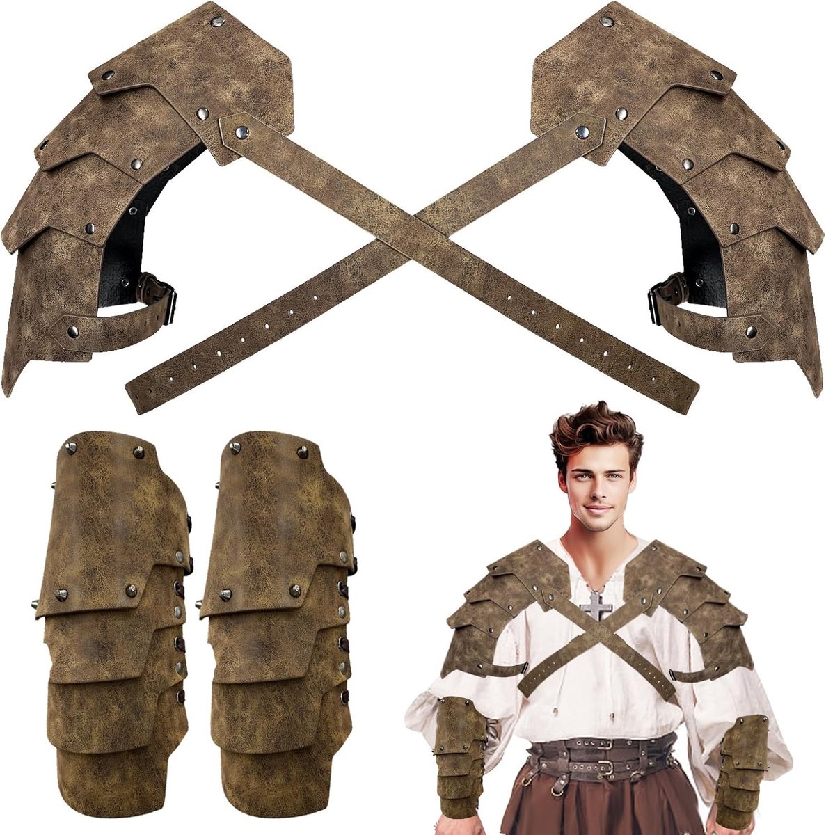Middeleeuwse Faux Leren Schouderbeschermers Set voor Gladiator Kostuums, Vintage Ridder Schouderpantser voor Halloween, LARP en Ren Faire Feesten