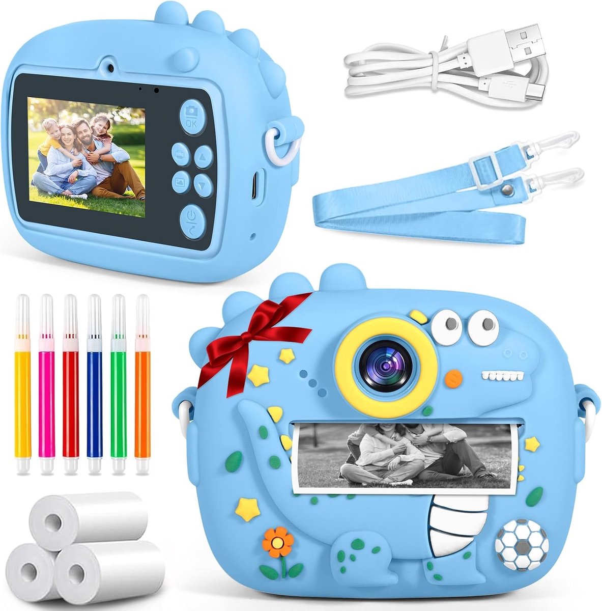 Direct Print Camera, 2.4 Inch Scherm 1080P HD Kinder Camera, Inclusief 32GB Geheugenkaart en 3 Fotopapierrollen, Kleurpotloden, Cadeau voor Kinderen van 3 tot 12 Jaar