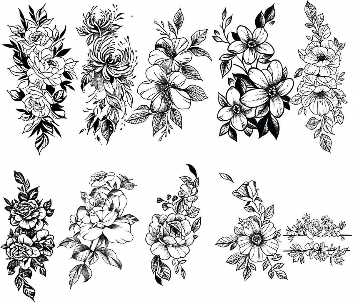 Tijdelijke tatoeages, 10 vellen valse tatoeages met halve arm, bloemenpatroon, waterdicht, zacht en niet giftig, plakt volwassenen tatoeages op dames nep vrouwen party