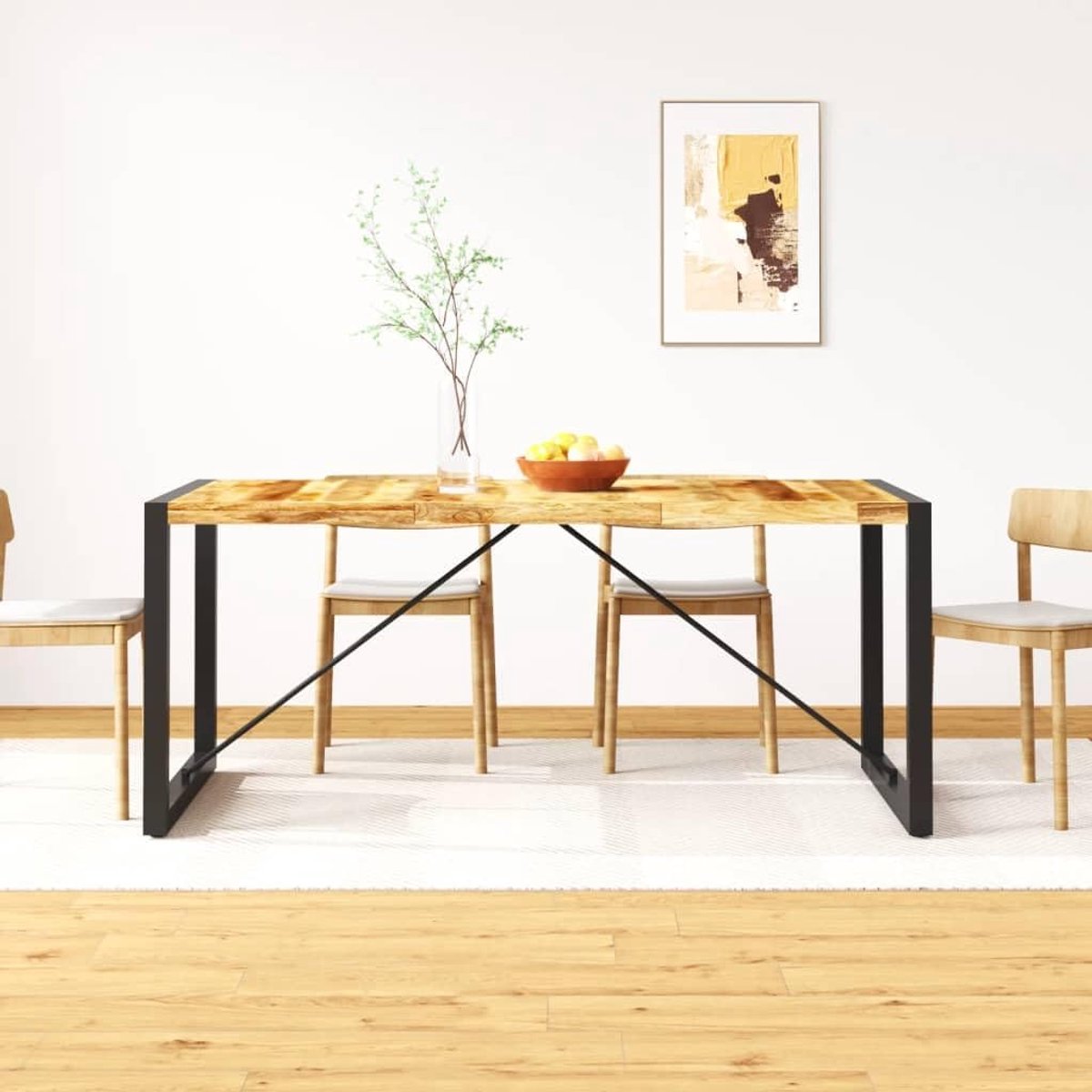 Eettafel van ruw massief mangohout, 180 cm, industriële houten tafel met stalen poten voor keuken en eetkamer, retro design met natuurlijke nerf, eenvoudige montage
