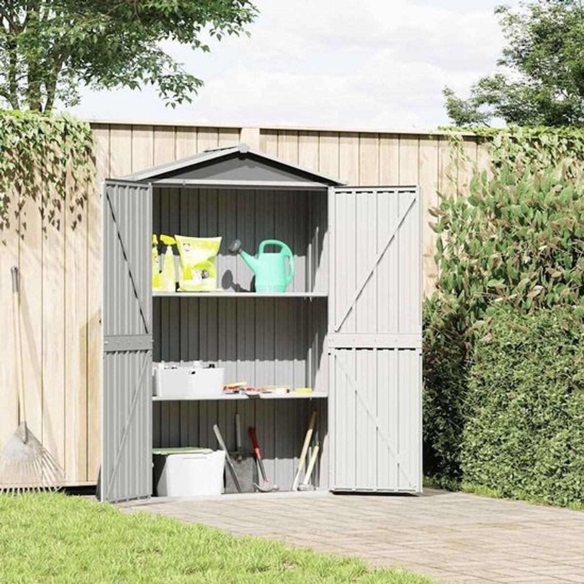 Tuinhuis-opbergkast - Metalen gereedschapsschuur - Voor het opbergen van tuinspullen - Ventilatieopeningen - 116 x 45 x 175 cm - Grijs