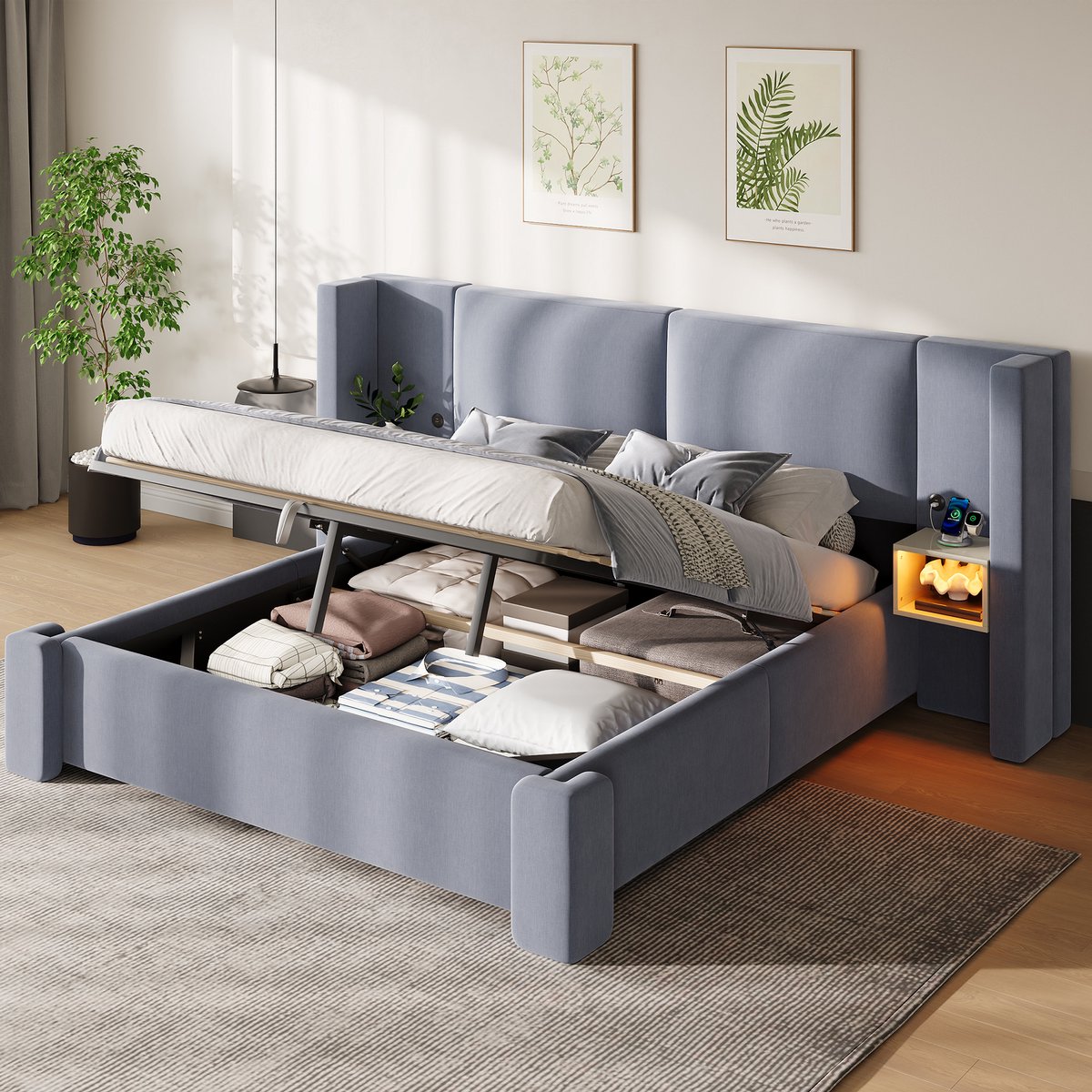 Gestoffeerd Tweepersoonsbed 140x200cm - Hydraulische Opbergruimte Met Ledverlichting - Lattenbodem - Zonder Matras - Stof en MDF - Grijs