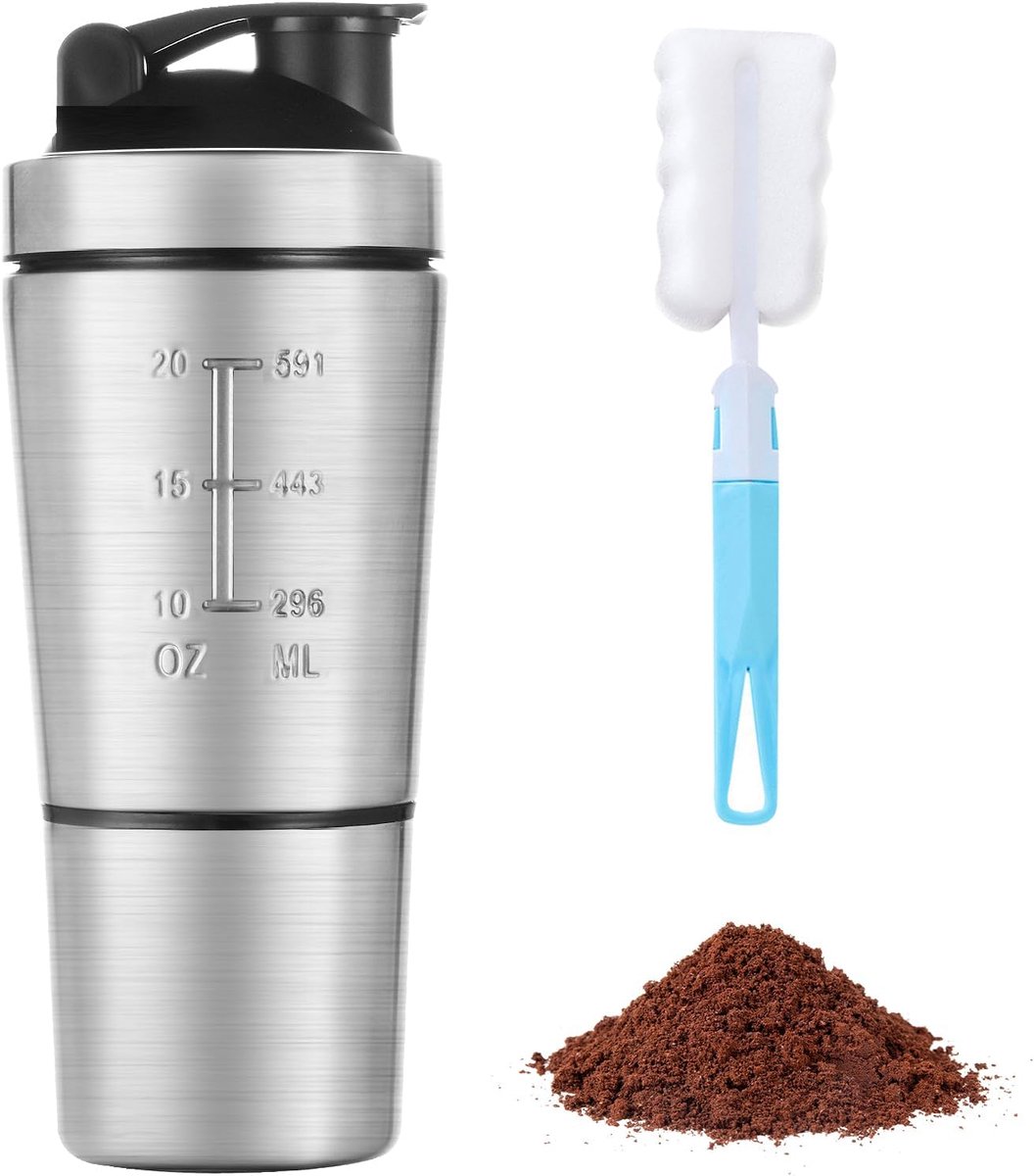 SnelShoppen - RVS Protein Shaker Bottle 700 ml met 200 ml Opbergbeker en Mixbal - Ideaal voor Eiwitshakes, Sport, Gym en Fitness