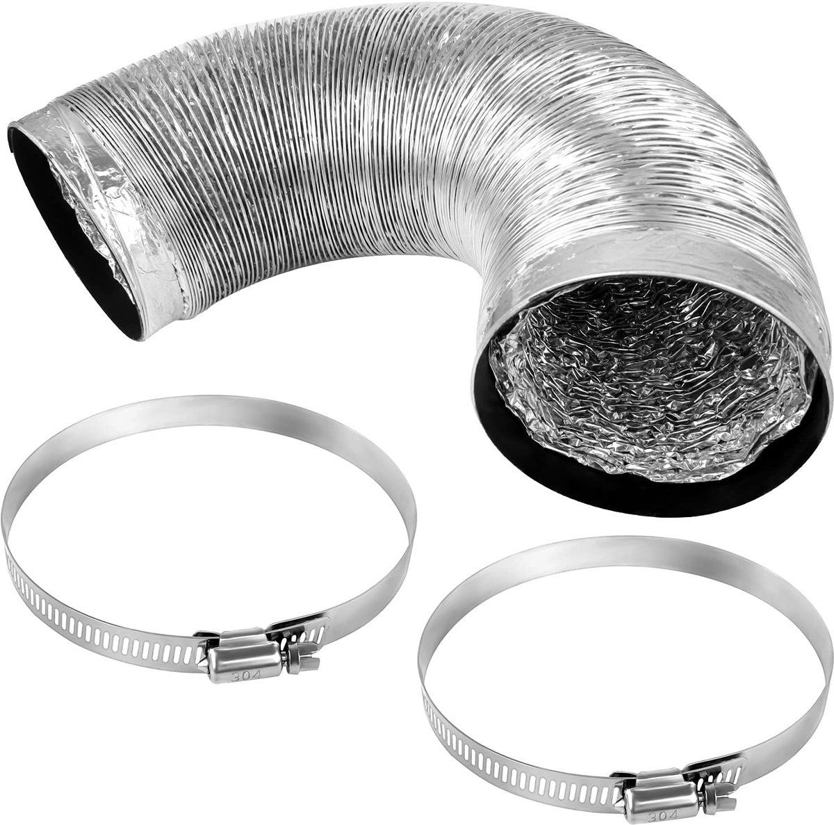 Aluminium ventilation hose, for extractor hood/dryer, flexible drain hose with 2 clamps made of steel and drain hose - ShopVlot