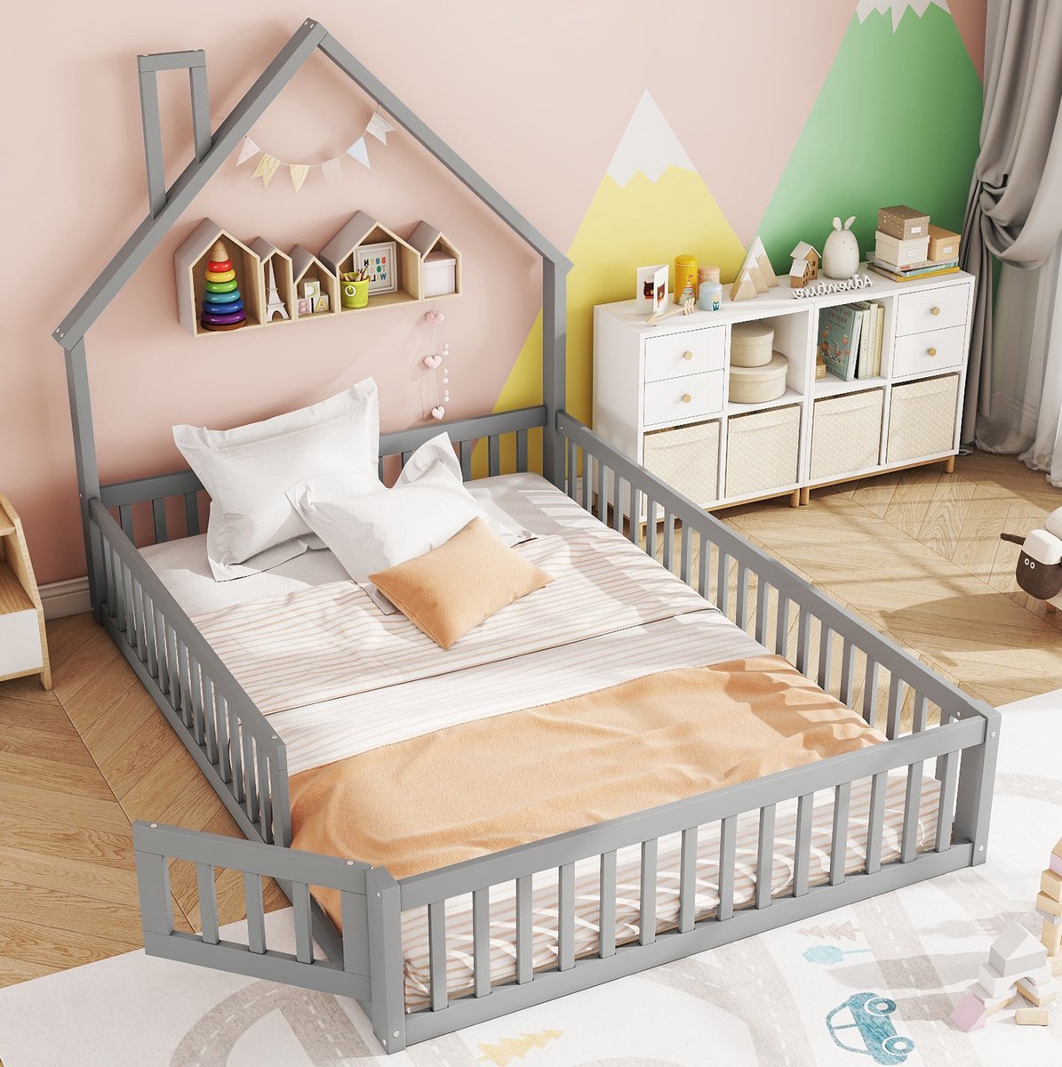 WUVRIE Kinderbed 140x200 cm in huisvorm met schoorsteen, lattenbodem en veiligheidshekken, grijs