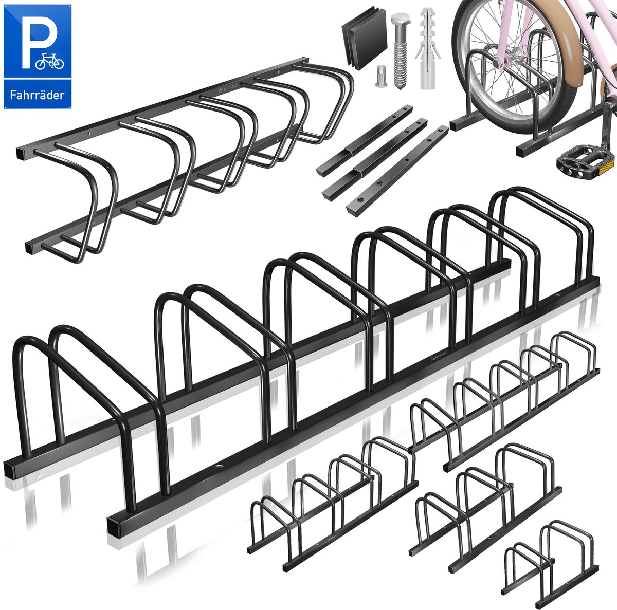 KESSER® Fietsenstandaard met parkeerbord - 37 cm wielafstand - Vloer- of wandmontage - 5 fietsen - Zwart