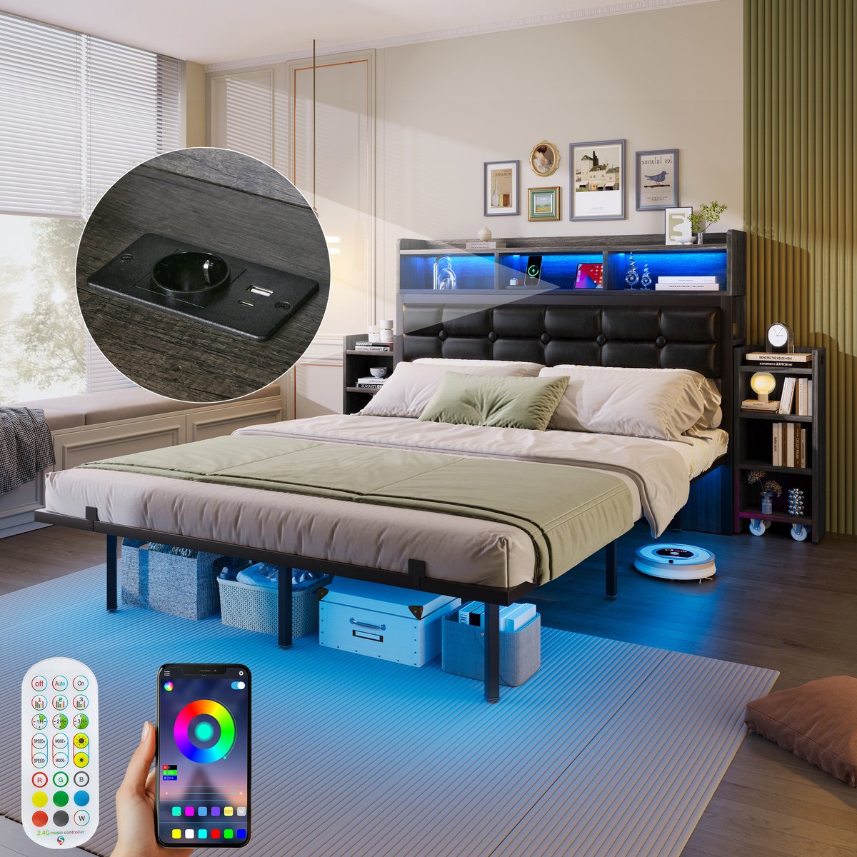 WUVRIE Tweepersoonsbed 140x190 cm met LED, USB/USB-C, uitschuifbare nachtkastjes en lattenbodem, grijs