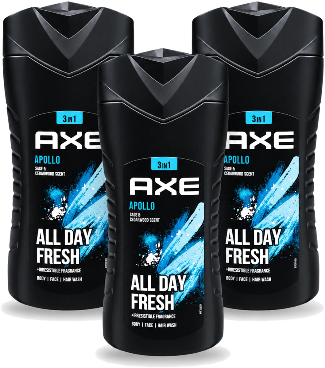 3 x Axe - 3-in-1 Douchegel - Apollo - Sage & Cedarwoord - All Day Fresh - 400 ml - Voordeelverpakking - 3 stuks