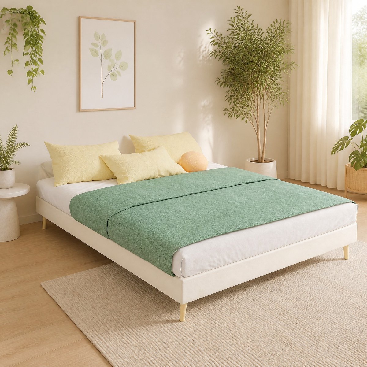 WUVRIE Bedframe 140x200 cm met lattenbodem, laag ontwerp en fluwelen bekleding, beige