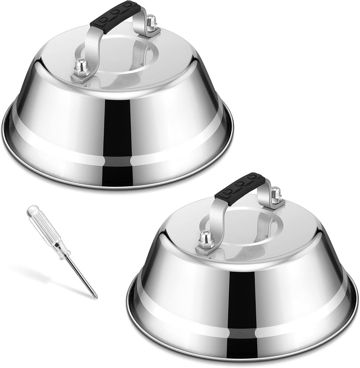 Stainless Steel Burger Klok met Rubber Handvat - 2 Pack voor Grillen, Steak en Kaas - Vaatwasserbestendig en Ideaal voor Binnen en Buiten - 16.8 x 6 cm