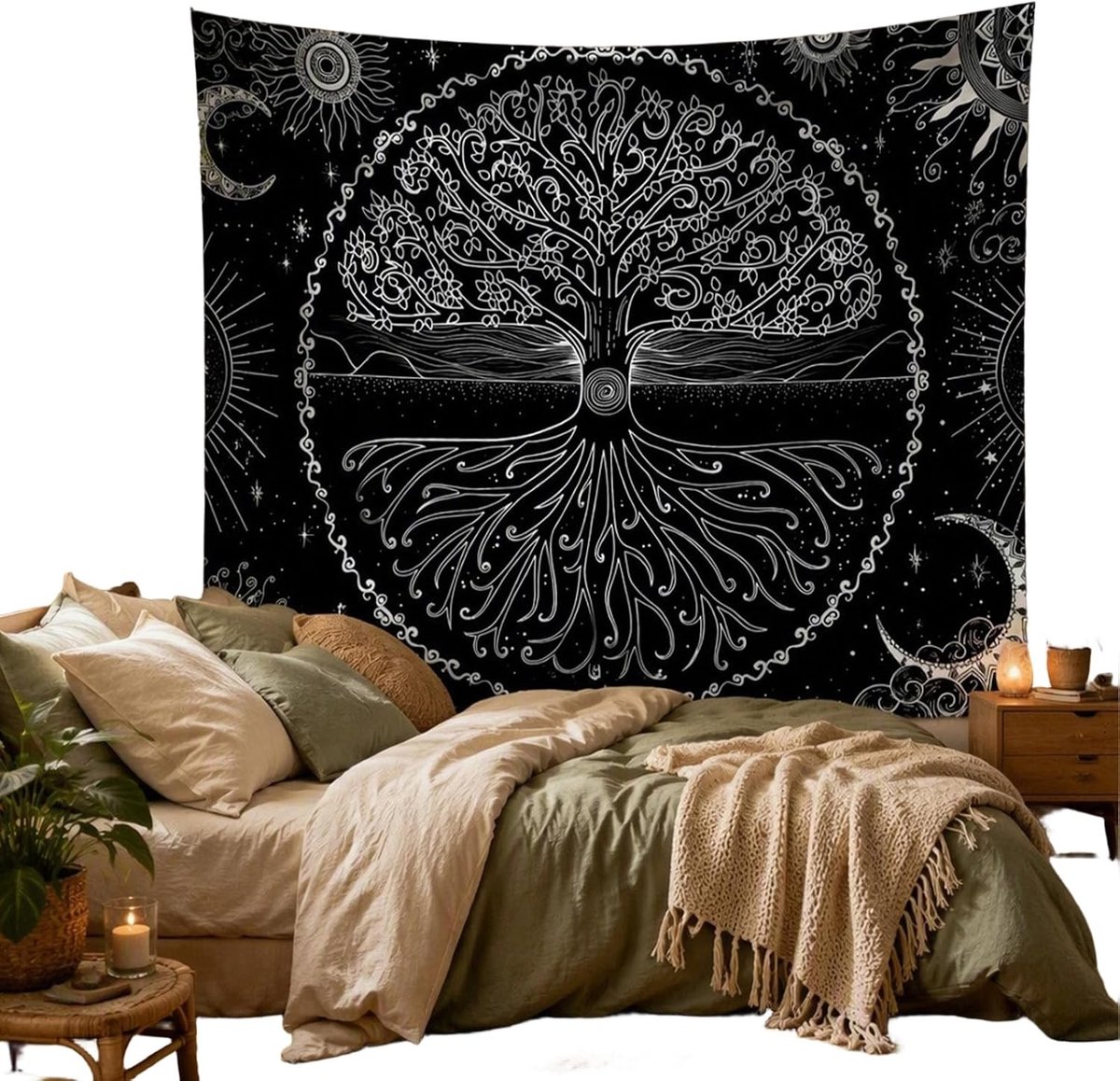 Boom des Levens Wandtapijt, 150 x 130 cm, Maanfasen, Psychedelisch Mandala, Decoratie voor Woonkamer, Slaapkamer en Strandhuis