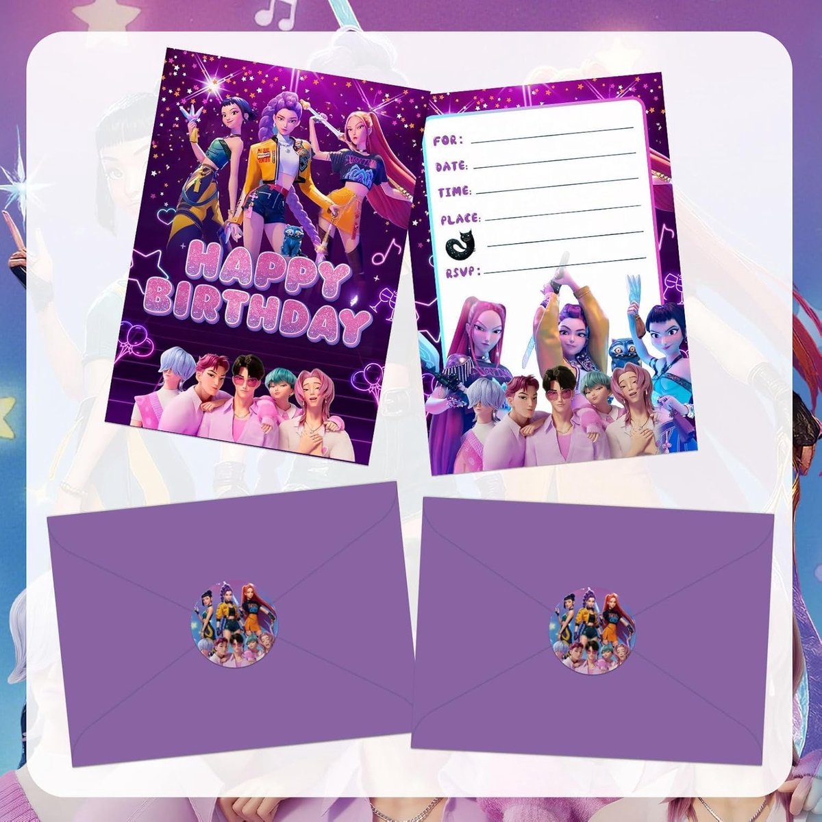 SnelShoppen - Lot van 36 K-Pop Uitnodigingskaarten met Enveloppen en Stickers - Feestuitnodigingen voor Kinderen, Verjaardagen, Feestjes - Kleurrijke