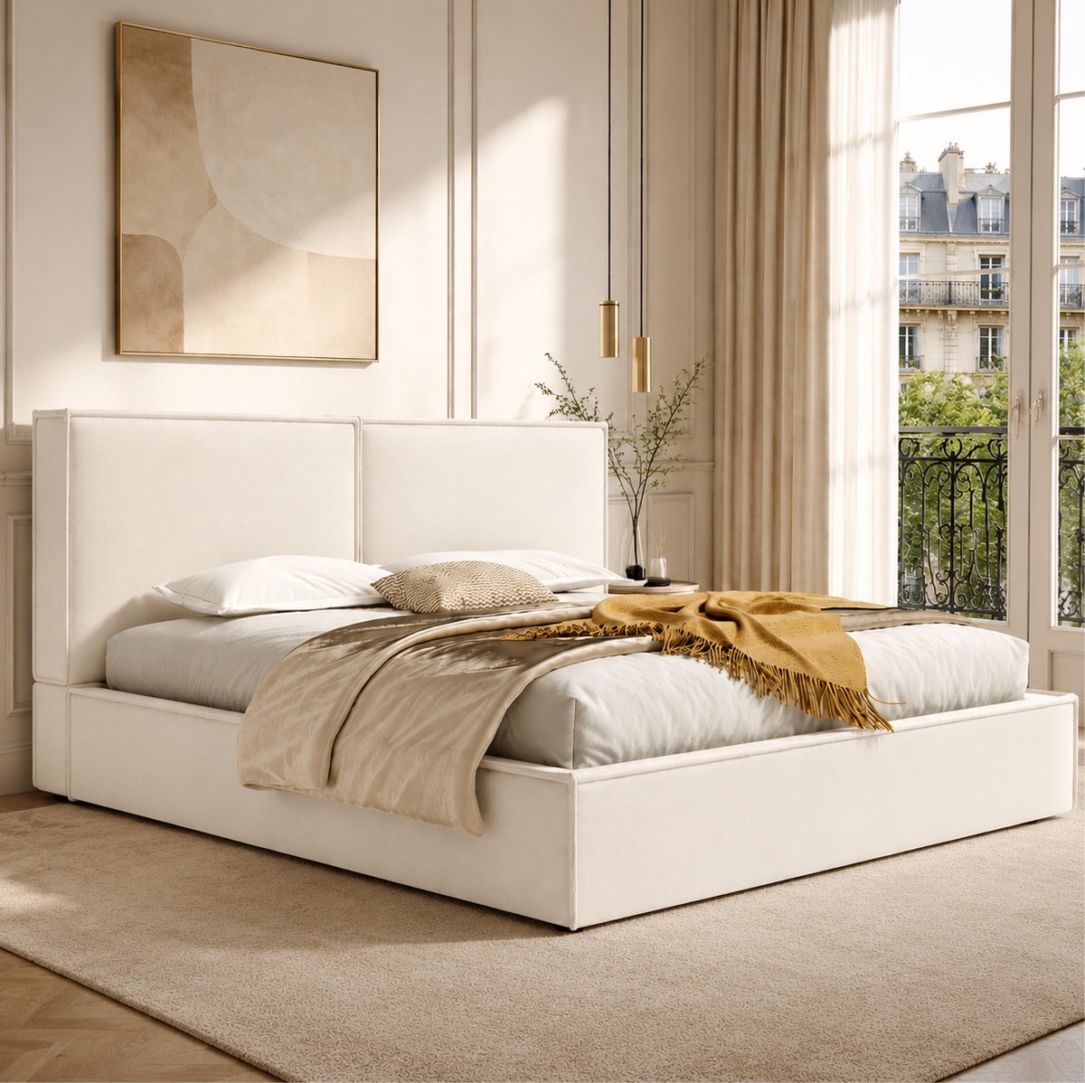 STILVORA Gestoffeerd Bed 180x200 cm – Hydraulisch Opbergbed Met Lattenbodem – Hoofdbord – Volwassenen – Linnen – Beige – Zonder Matras