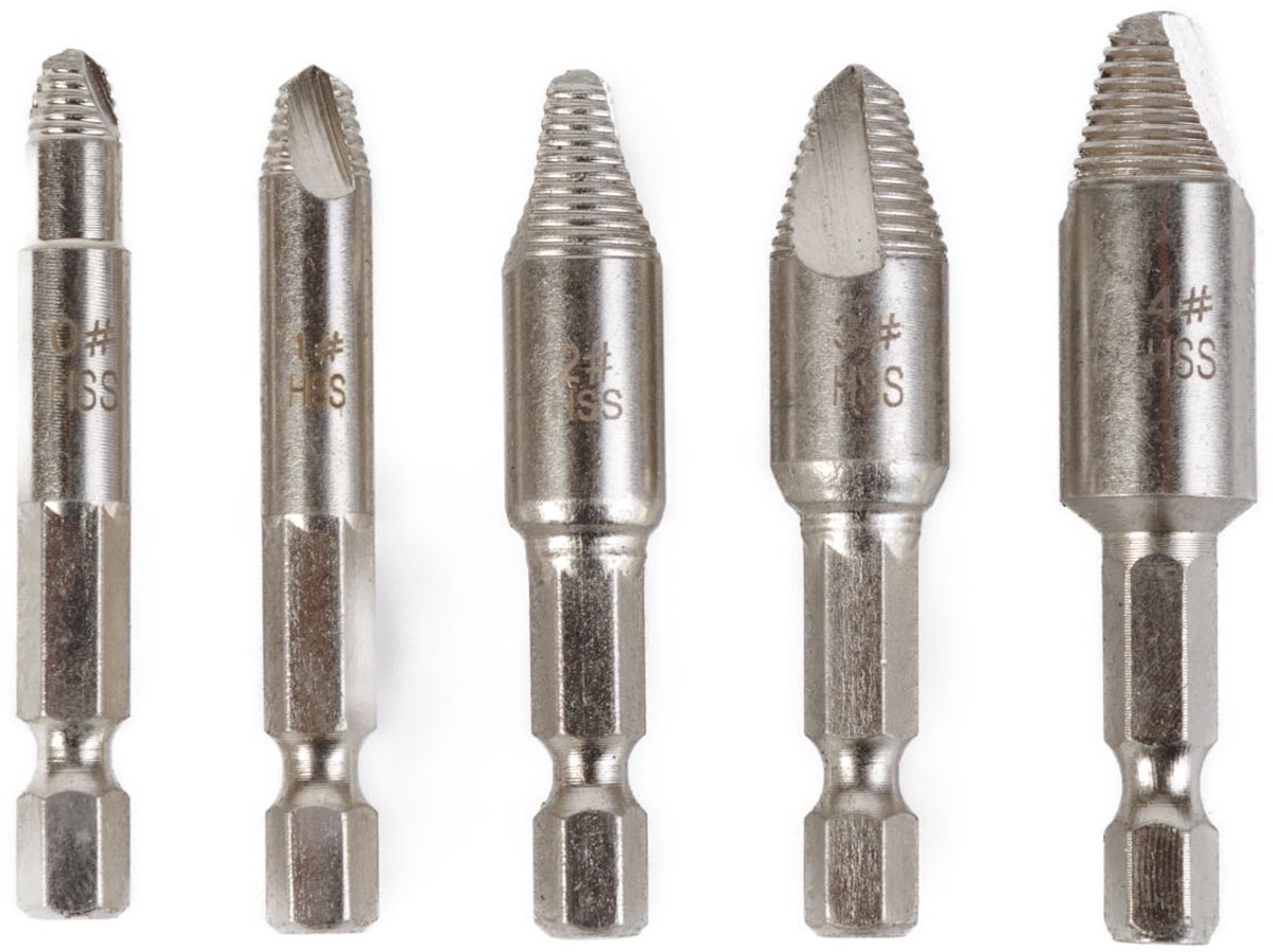 Schroefuitdraaier Set - 5-Delig HSS - #0–#4 - Voor Gebroken/Vastzittende Schroeven En Boortjes Ø6–12 mm - 1/4" Zeskantschacht - Verchroomd - Met Houder [10634]