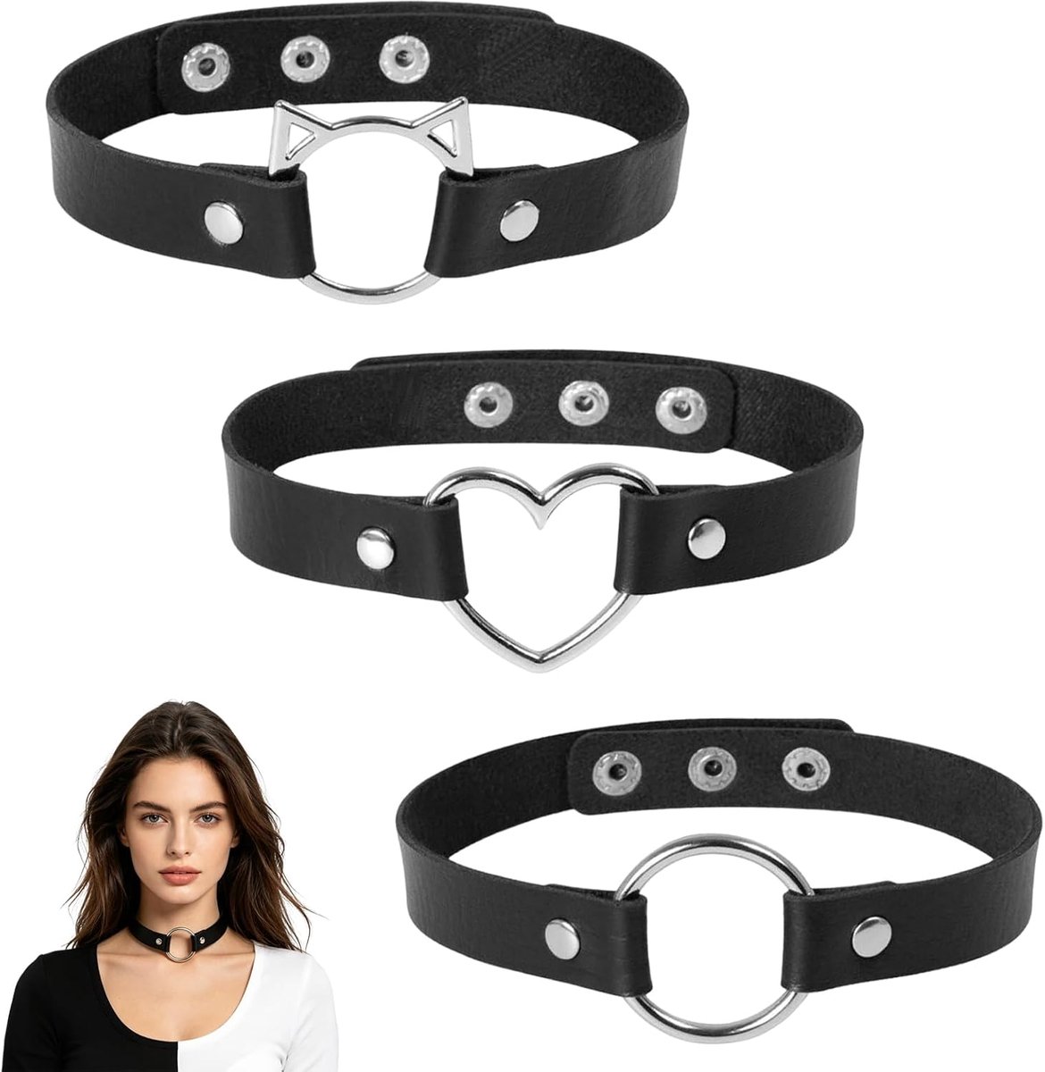 KOHVAN 3 stuks dameschokers van kunstleer, gothic ketting met hart, ring en kat, punk-halsband, verstelbaar, voor - ShopVlot