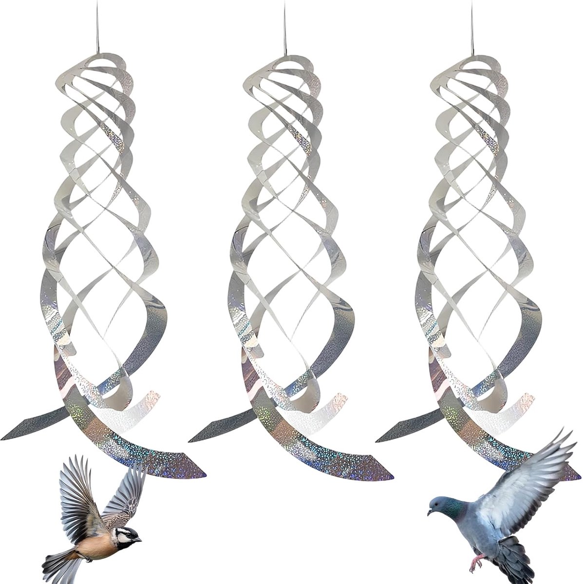 Vogelafweerspiralen van kunststof, zilverkleurig, 45 cm, reflecterend windscherm ter bescherming van moestuinen - ShopVlot