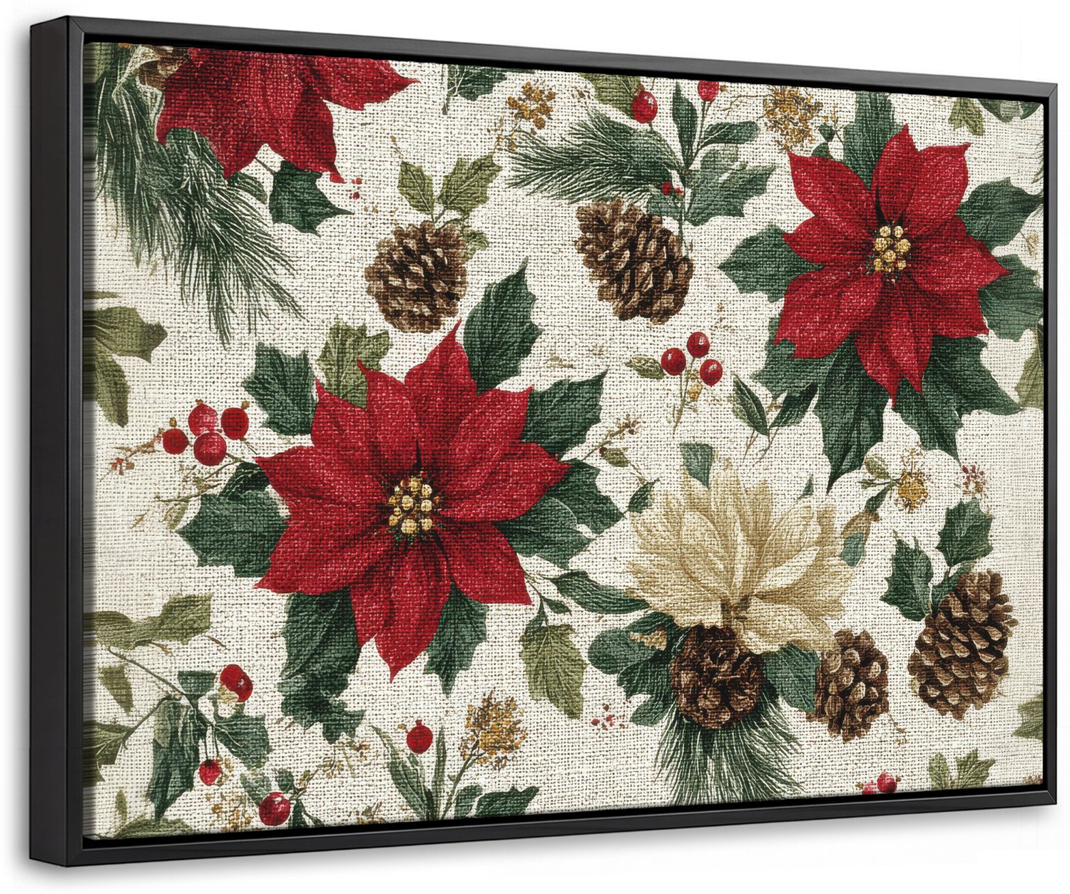 Canvas Schilderij met Baklijst 60x40cm - Feestelijk - Textielpatroon - Kerstbloemen - Kleurrijk - Muurdecoratie woonkamer - Slaapkamer decoratie - Kamer accessoires - Schilderijen op canvas met lijst