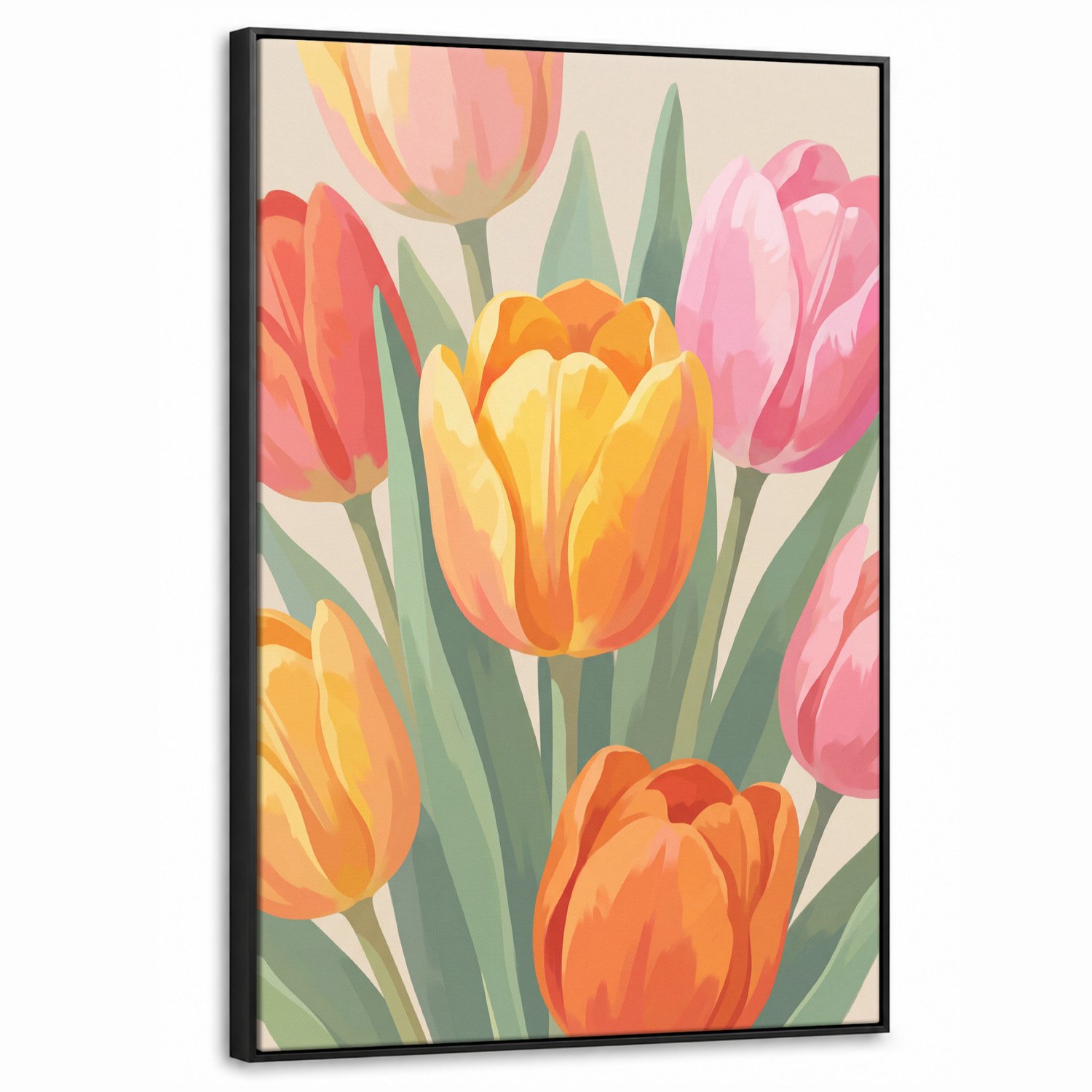 Canvas Schilderij met Baklijst 60x90cm - Tulpen - Abstract - Kleurrijk - Muurdecoratie woonkamer - Slaapkamer decoratie - Kamer accessoires - Schilderijen op canvas met lijst