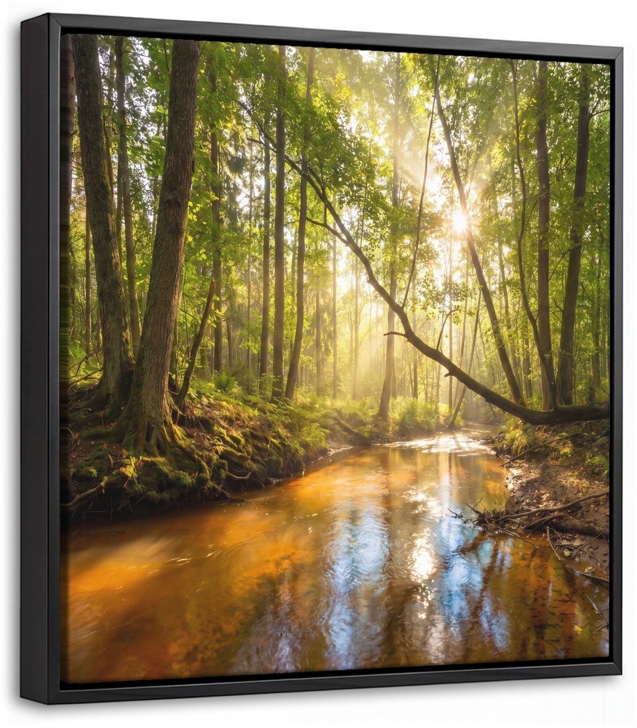 Canvas Schilderij met Baklijst 20x20cm - Bos - Beek - Zonlicht - Natuur - Groen - Muurdecoratie woonkamer - Slaapkamer decoratie - Kamer accessoires - Schilderijen op canvas met lijst