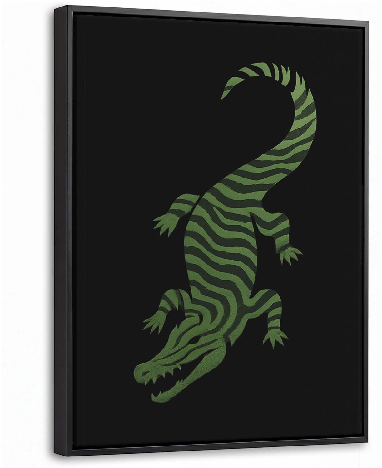 Canvas Schilderij met Baklijst 30x40cm - Krokodil - Groen - Tijgerachtig - Strepen - Muurdecoratie woonkamer - Slaapkamer decoratie - Kamer accessoires - Schilderijen op canvas met lijst
