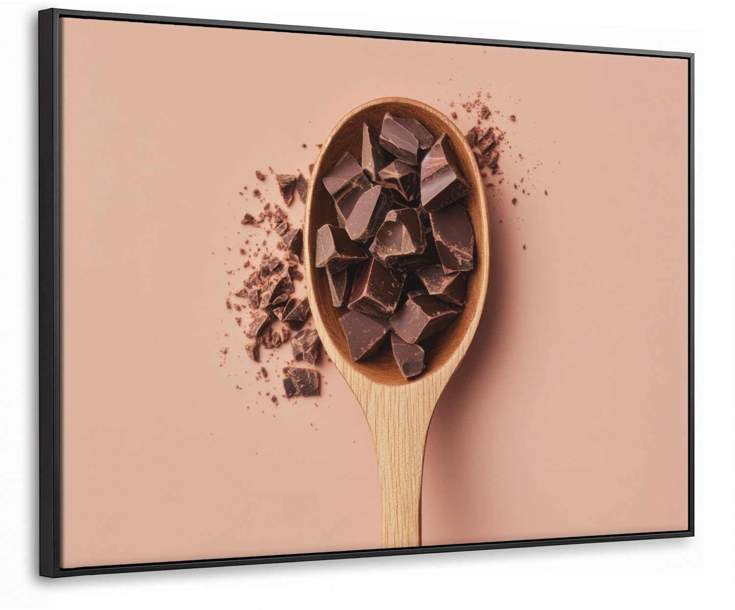 Canvas Schilderij met Baklijst 100x70cm - Chocola - Hout - Lepel - Muurdecoratie woonkamer - Slaapkamer decoratie - Kamer accessoires - Schilderijen op canvas met lijst