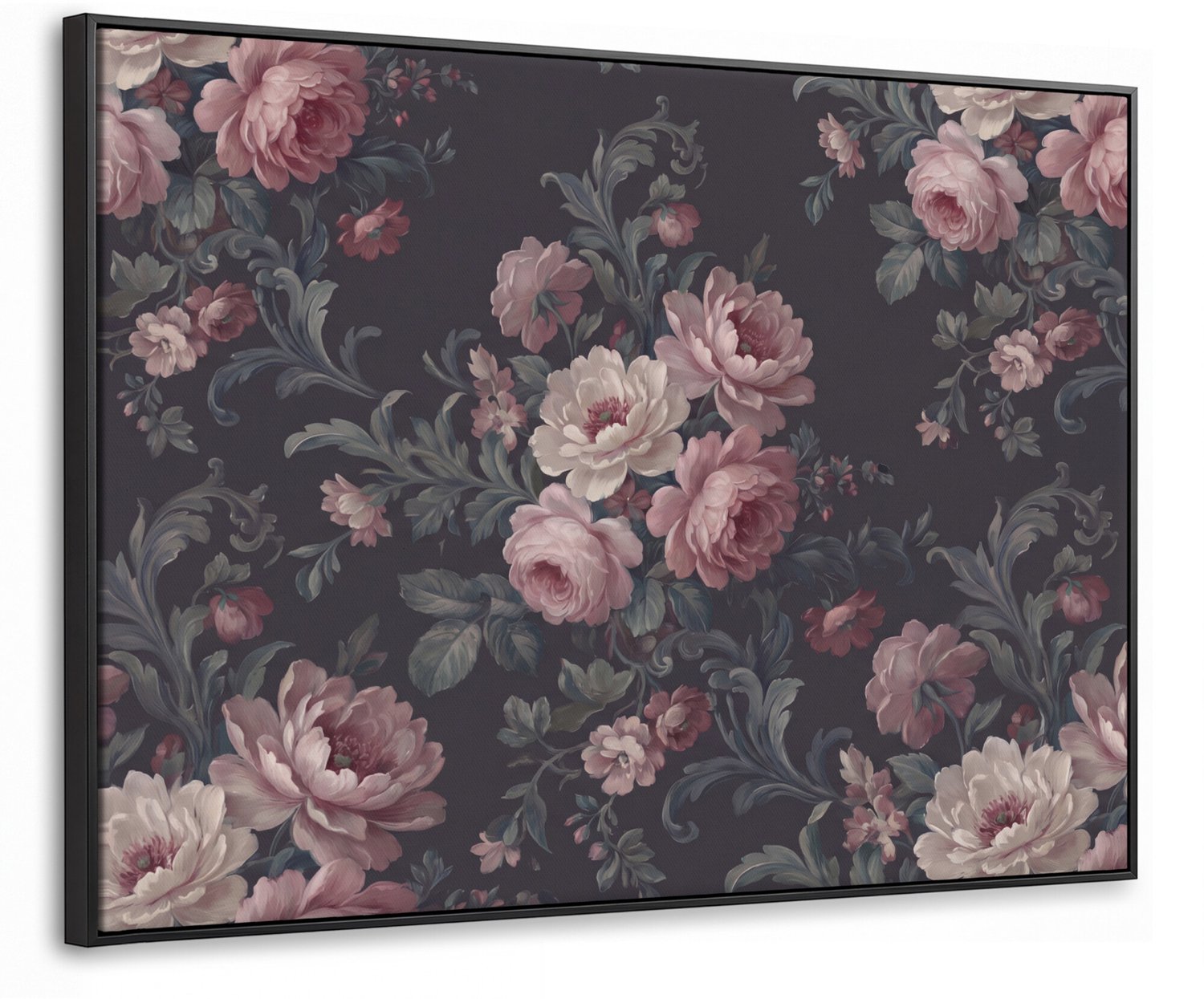 Canvas Schilderij met Baklijst 100x70cm - Bloemen - Patroon - Sierlijk - Roze - Donker - Muurdecoratie woonkamer - Slaapkamer decoratie - Kamer accessoires - Schilderijen op canvas met lijst