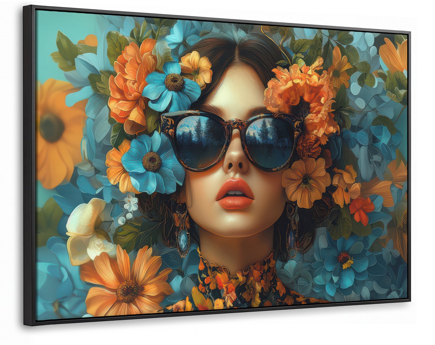 Canvas Schilderij met Baklijst XXL Canvas Schilderij met Baklijst 120x80cm - Vrouw - Bloemen - Oranje - Blauw - Modern - Muurdecoratie woonkamer - Slaapkamer decoratie - Kamer accessoires - Schilderijen op canvas met lijst groot