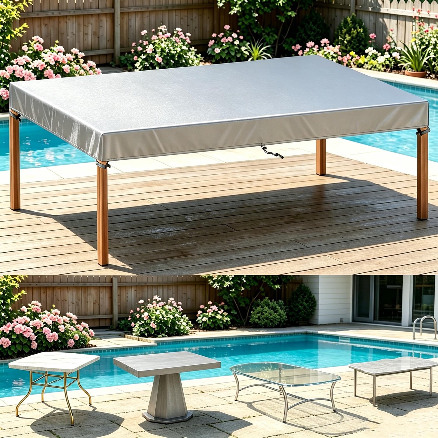 Famanu Tuintafelhoes 160 x 70 x 20 cm, waterdichte en winddichte hoes voor tuinmeubelen, geschikt voor binnen en buiten, met trekkoord en gespen voor stevige bevestiging zilver