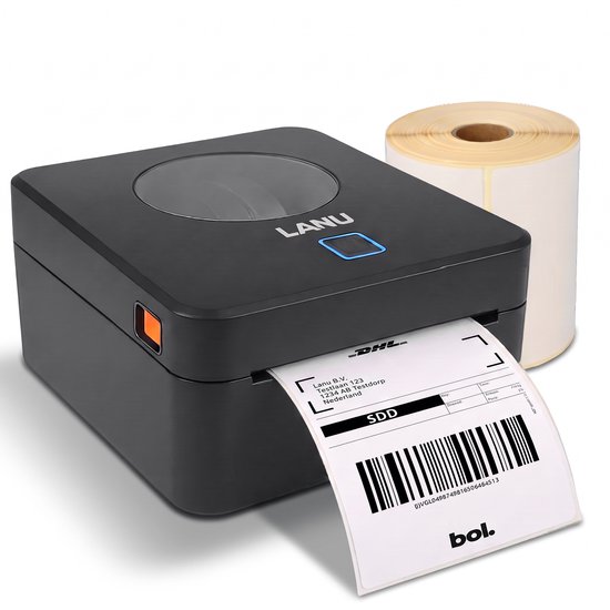 Zwarte Lanu labelprinter met DHL verzendlabel en een rol labels op een witte achtergrond.