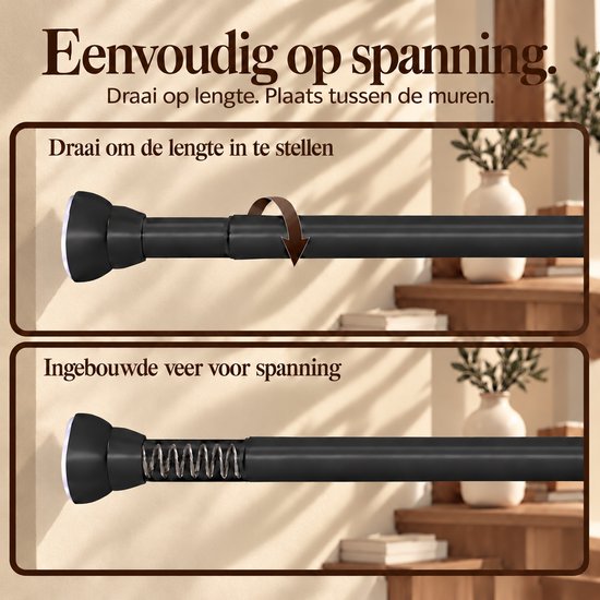 Diagram van een zwarte roede met een ingebouwde veer. Tekst: Eenvoudig op spanning. Draai op lengte.