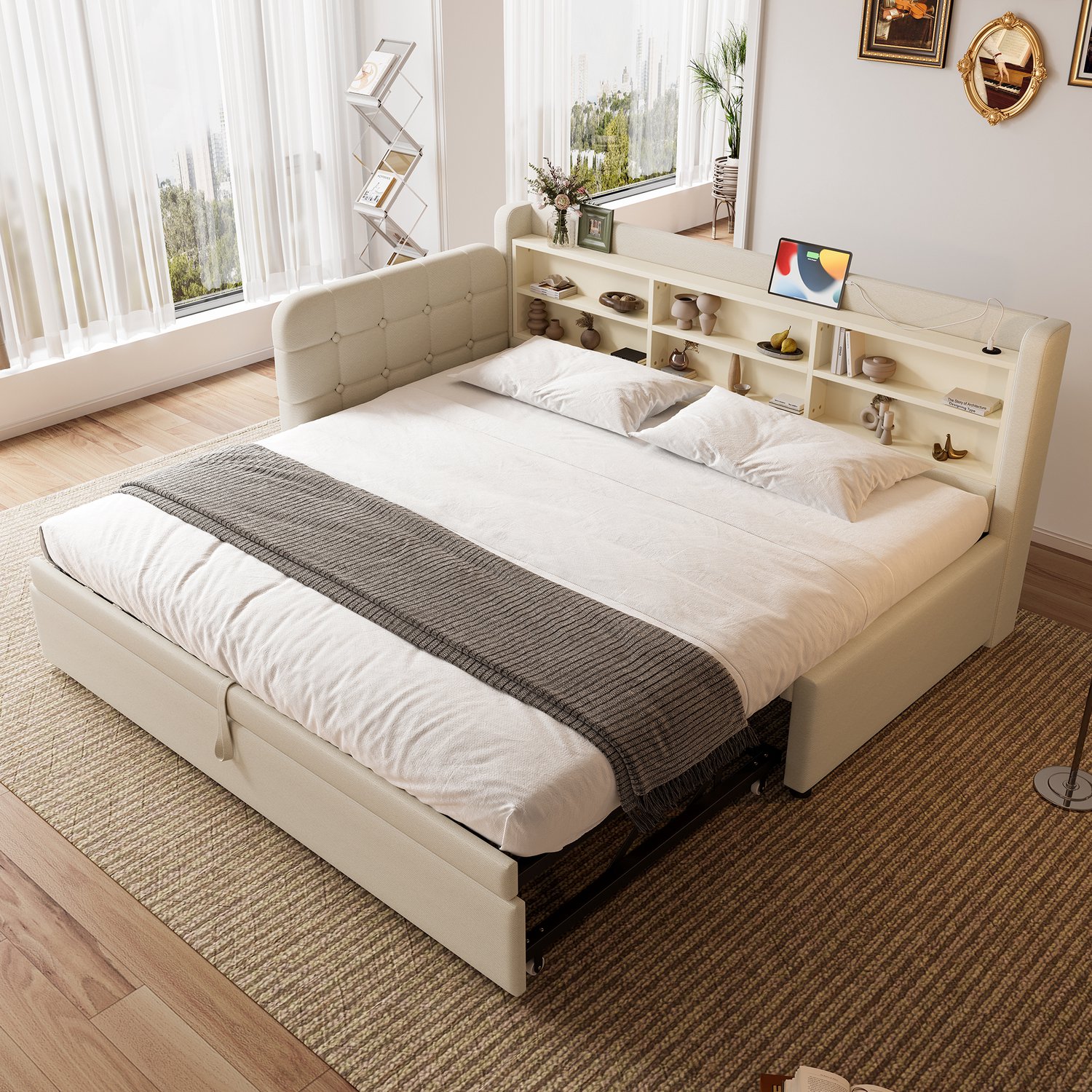 Zubaliya Dagbed - 90 x 200 / 180 x 200 cm - Beige - linnen - USB-aansluiting - USB-C - Uitschuifbaar