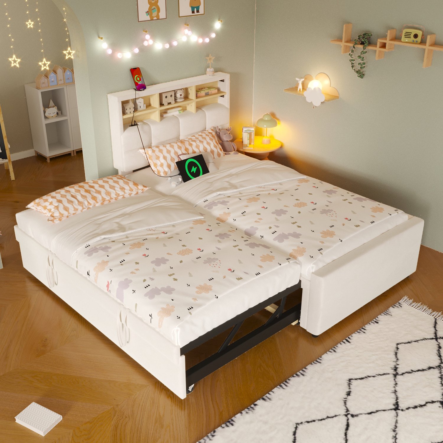 Zubaliya Dagbed - 90 x 200 / 180 x 200 cm - Beige - MDF, fluweel - USB-aansluiting - USB-C - Uitschuifbaar