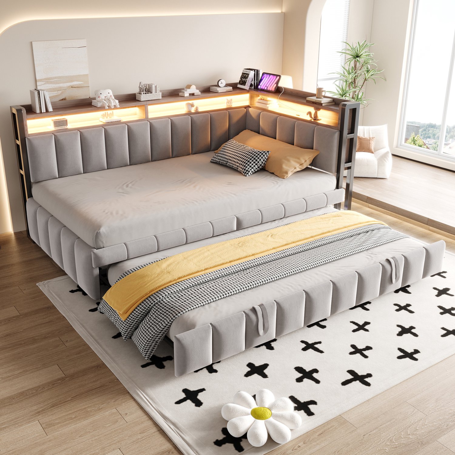 Zubaliya Dagbed - 90 x 200 cm - Lichtgrijs - stof - LED-verlichting - USB-aansluiting - USB-C