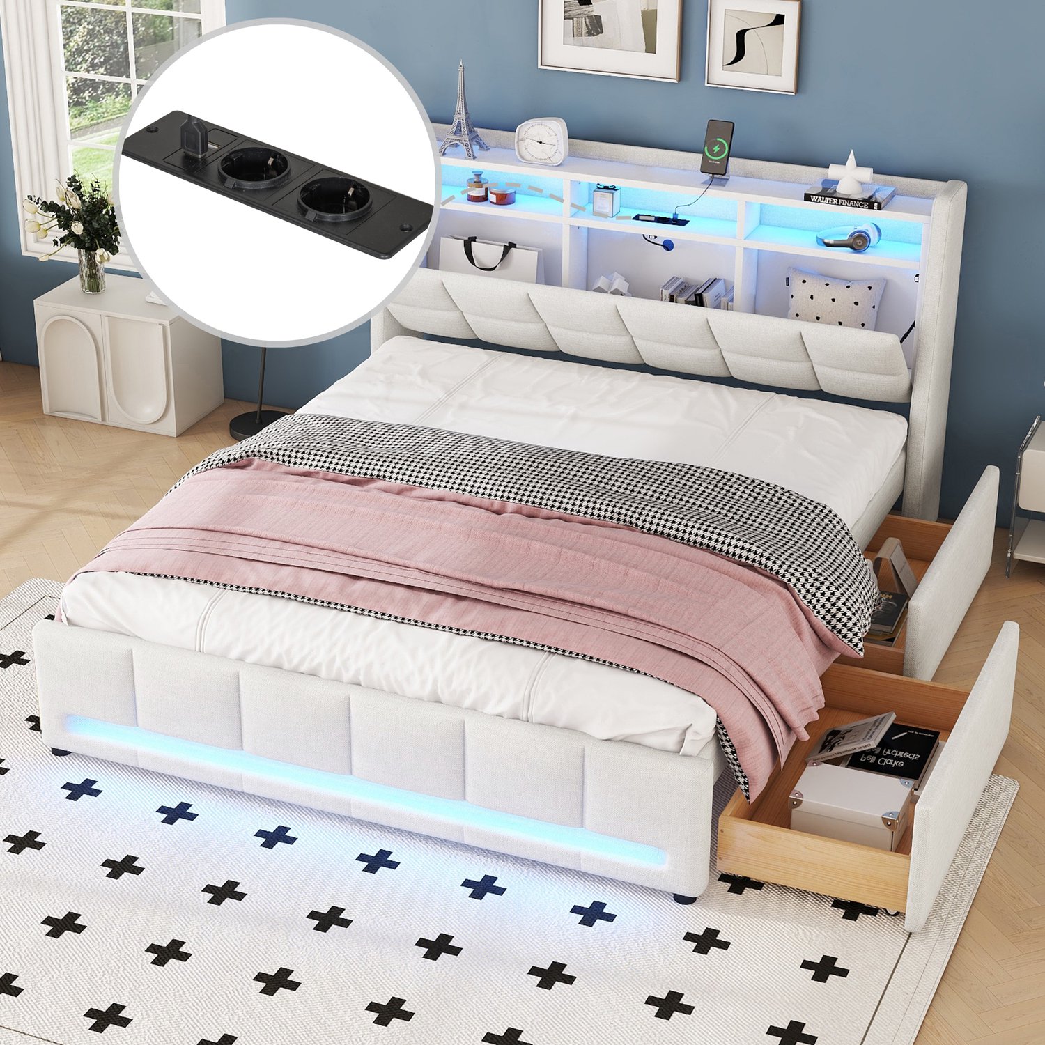 Zubaliya Gestoffeerd bed - 140 x 200 cm - Beige - linnen - LED-verlichting - USB-aansluiting - Lades