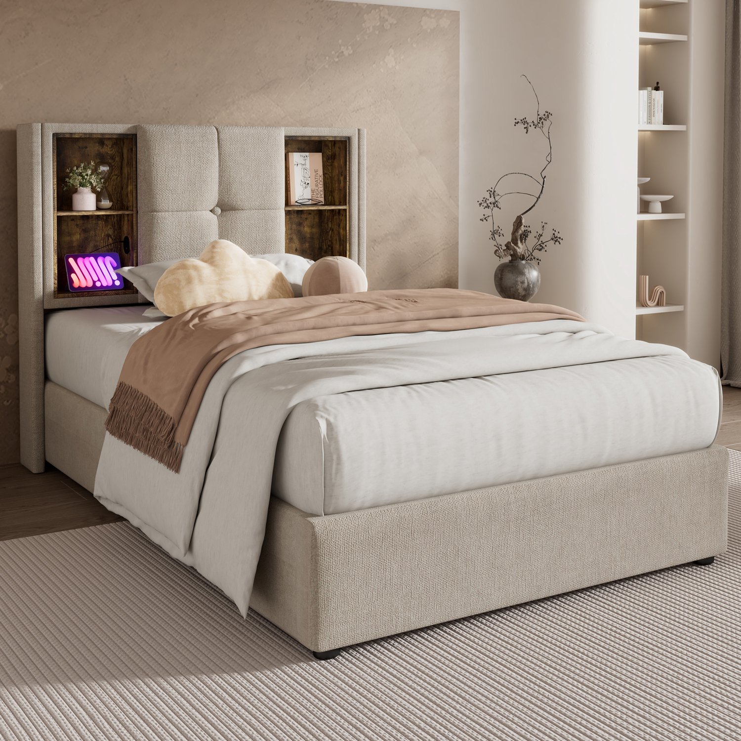 MUVANO Eenpersoonsbed 90x200 met matras - Opbergbed met laadstation - Linnen en houten lattenbodem - Draadloos laden en USB-C - Slaapkamer naturel