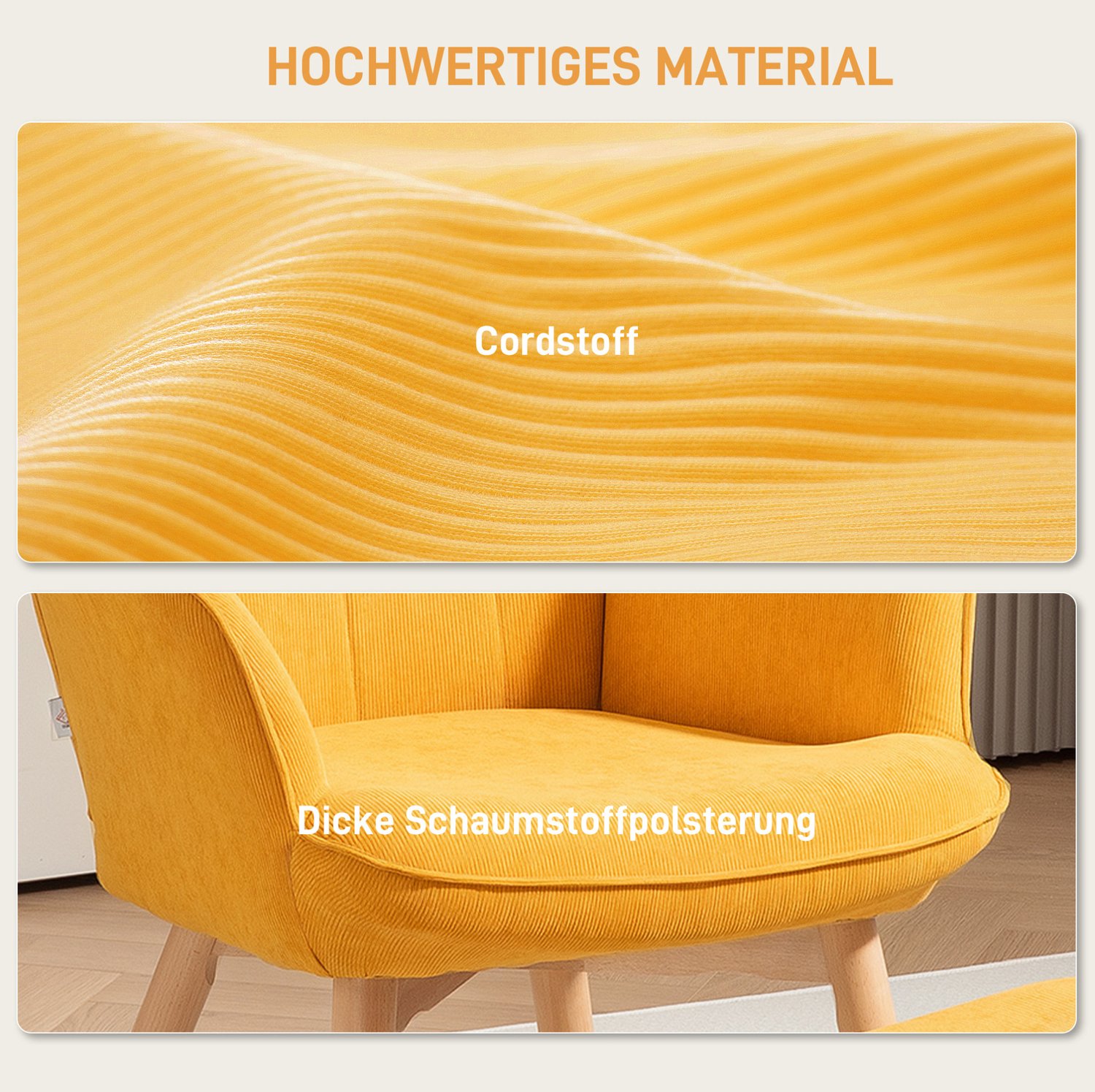 DESMIU Oorfauteuil Met Hocker 80 x 72 x 101 cm - Zachte Bekleding en Verstelbare Vloerbeschermers - Voor Woonkamer - Polyester en Hout - Oranje