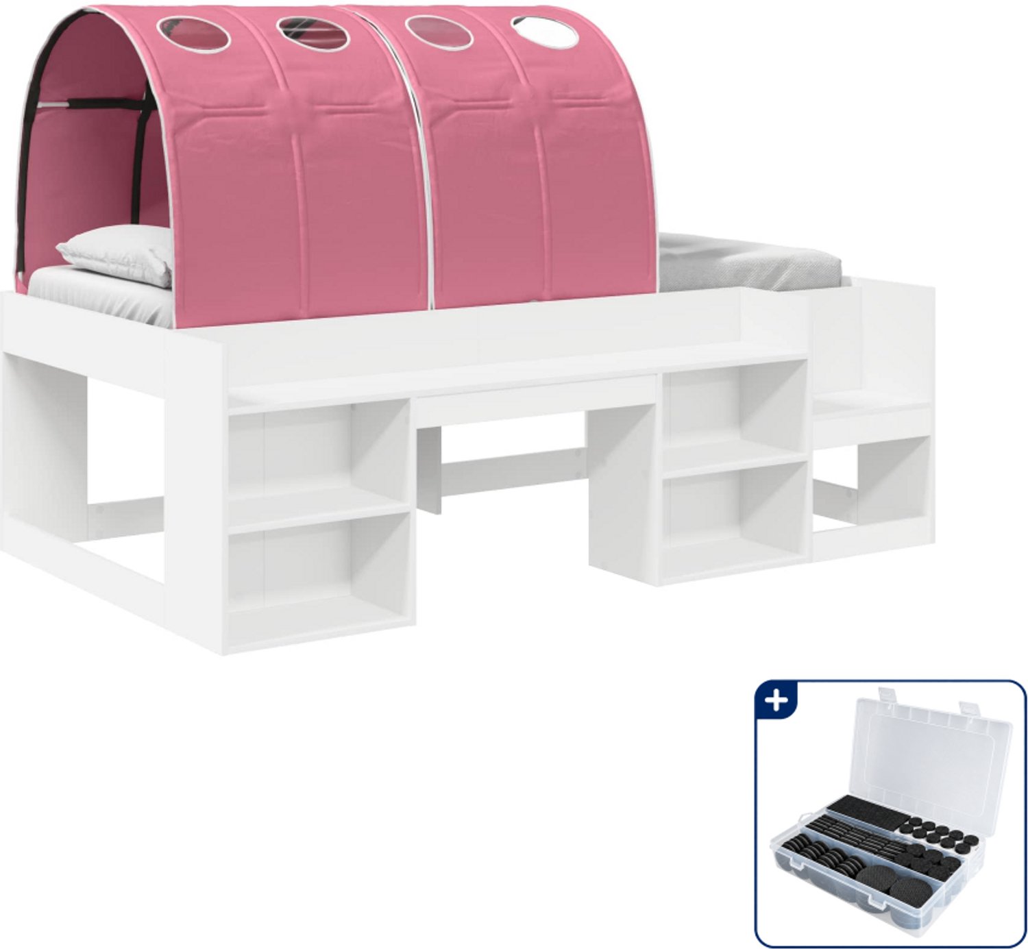 vidaXL loftbed met tunnel - 100 x 200 cm - bewerkt hout - wit en roze - Inclusief antikrasvilt 177-delig