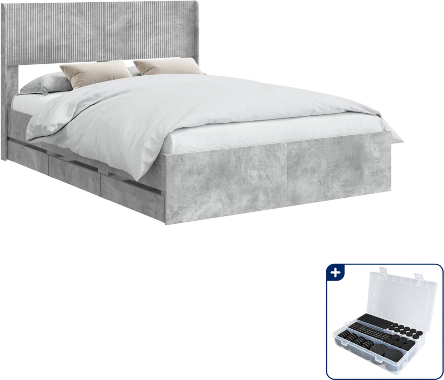 vidaXL bedframe met opbergruimte - 135 x 190 cm - bewerkt hout - grijs - Inclusief antikrasvilt 177-delig