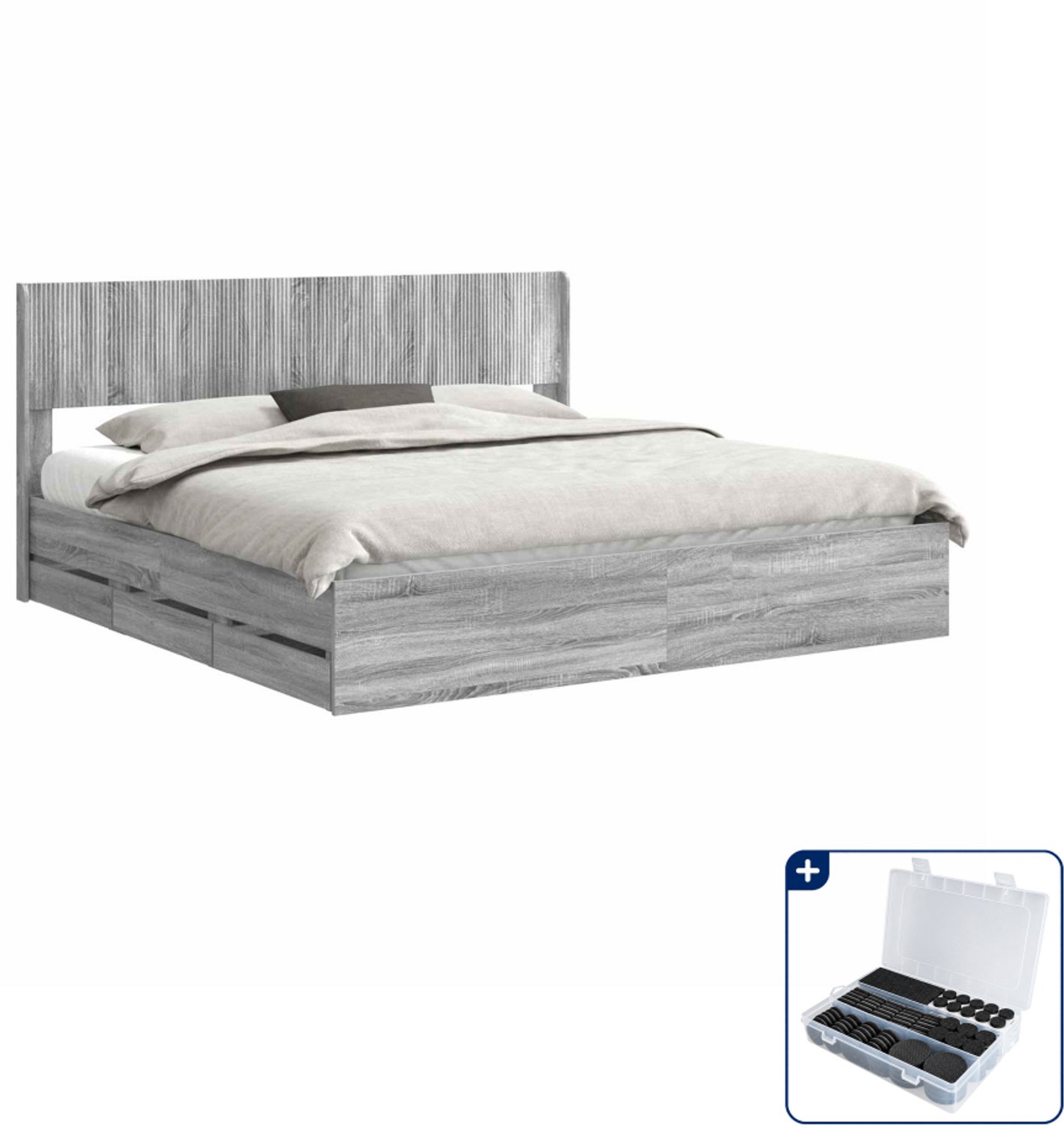 vidaXL bedframe met opbergruimte - 180 x 200 cm - bewerkt hout - grijs - Inclusief antikrasvilt 177-delig