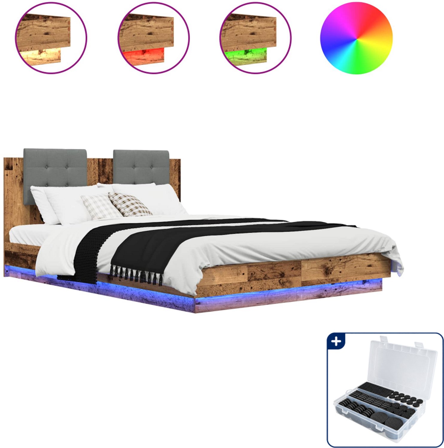 vidaXL bedframe met hoofdeinde - 120 x 200 cm - bewerkt hout - oud hout - Inclusief antikrasvilt 177-delig Bruin