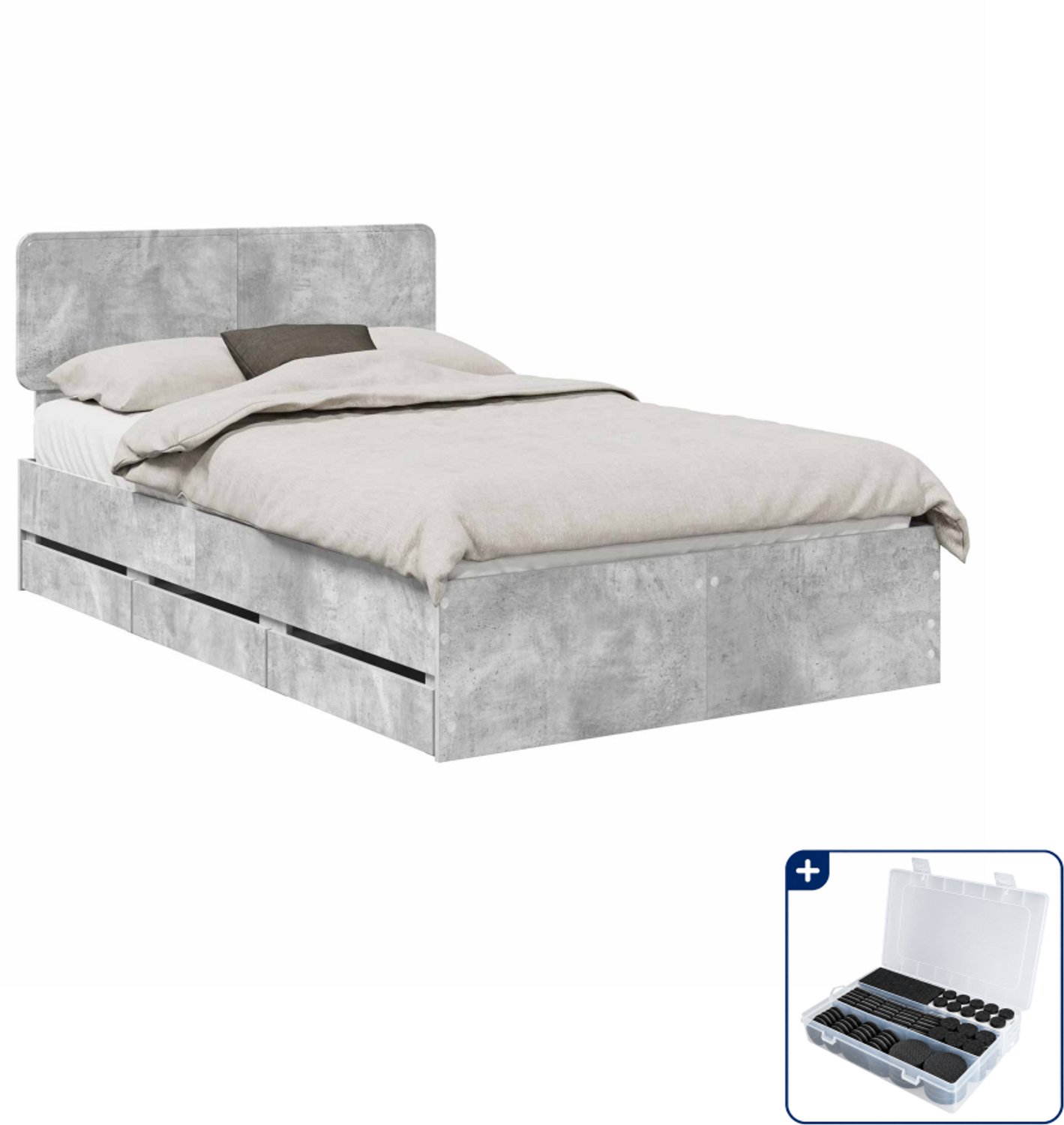 vidaXL bedframe met lade - 135 x 190 cm - beton grijs - Inclusief antikrasvilt 177-delig Lichtgrijs