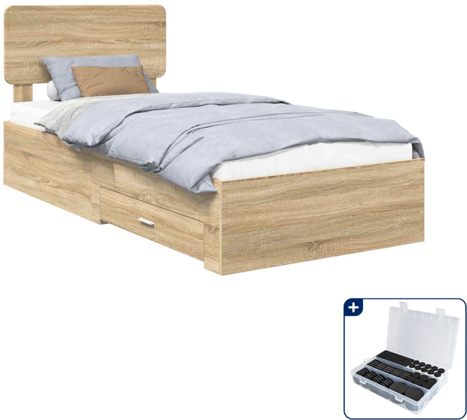 vidaXL Bedframe met lade - 90 x 200 cm - bewerkt hout - sonoma eiken - Inclusief antikrasvilt 177-delig Grijs
