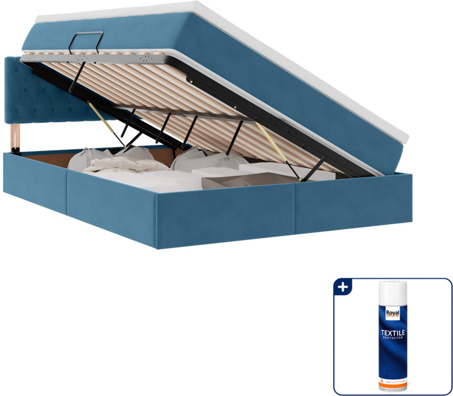 vidaXL Opbergbed - Small double - 140 x 200 cm - donkerblauw - Inclusief textielbeschermer 500 ml Lichtgrijs