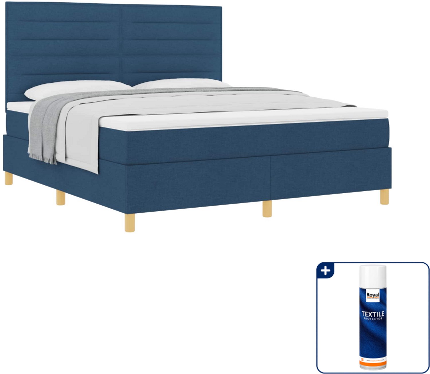 vidaXL boxspringbed Kingsize - 180 x 200 cm - stof - blauw - Inclusief textielbeschermer 500 ml Lichtgrijs