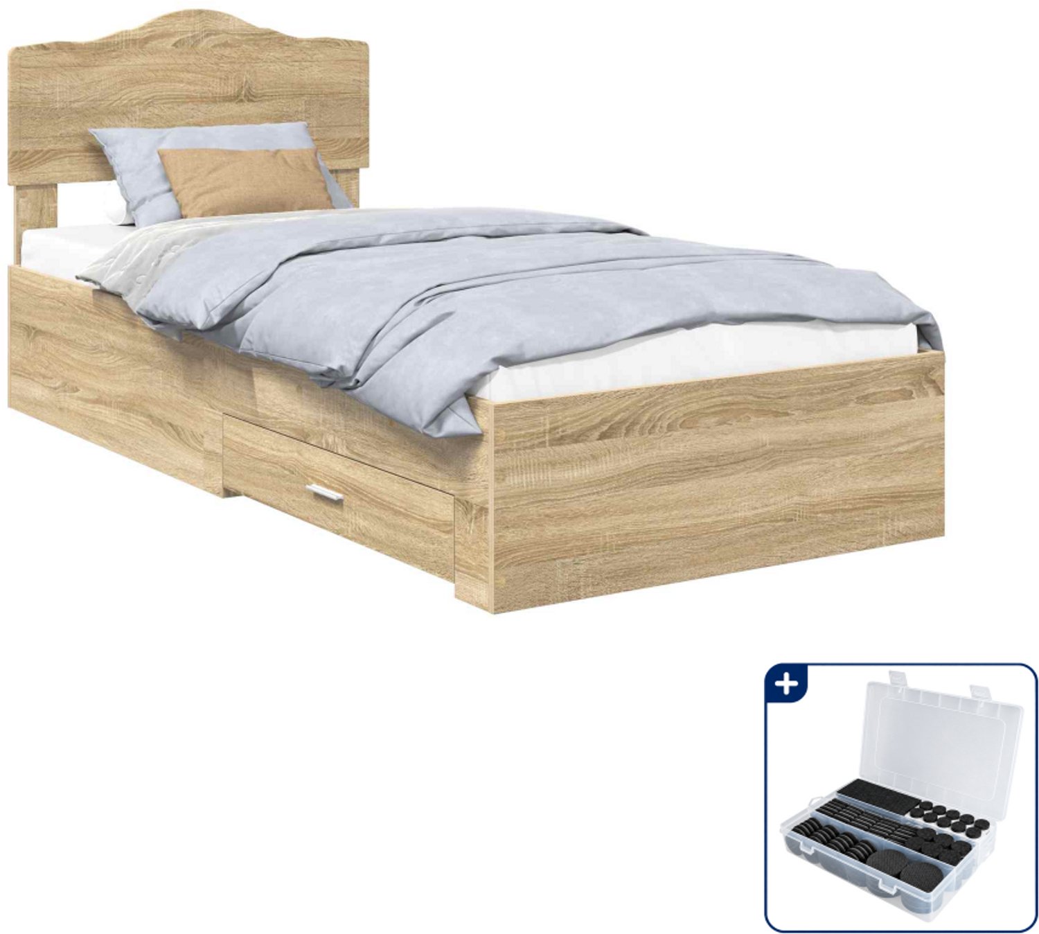 vidaXL bedframe met lade 90 x 200 cm - bewerkt hout - sonoma eiken - Inclusief antikrasvilt 177-delig Bruin