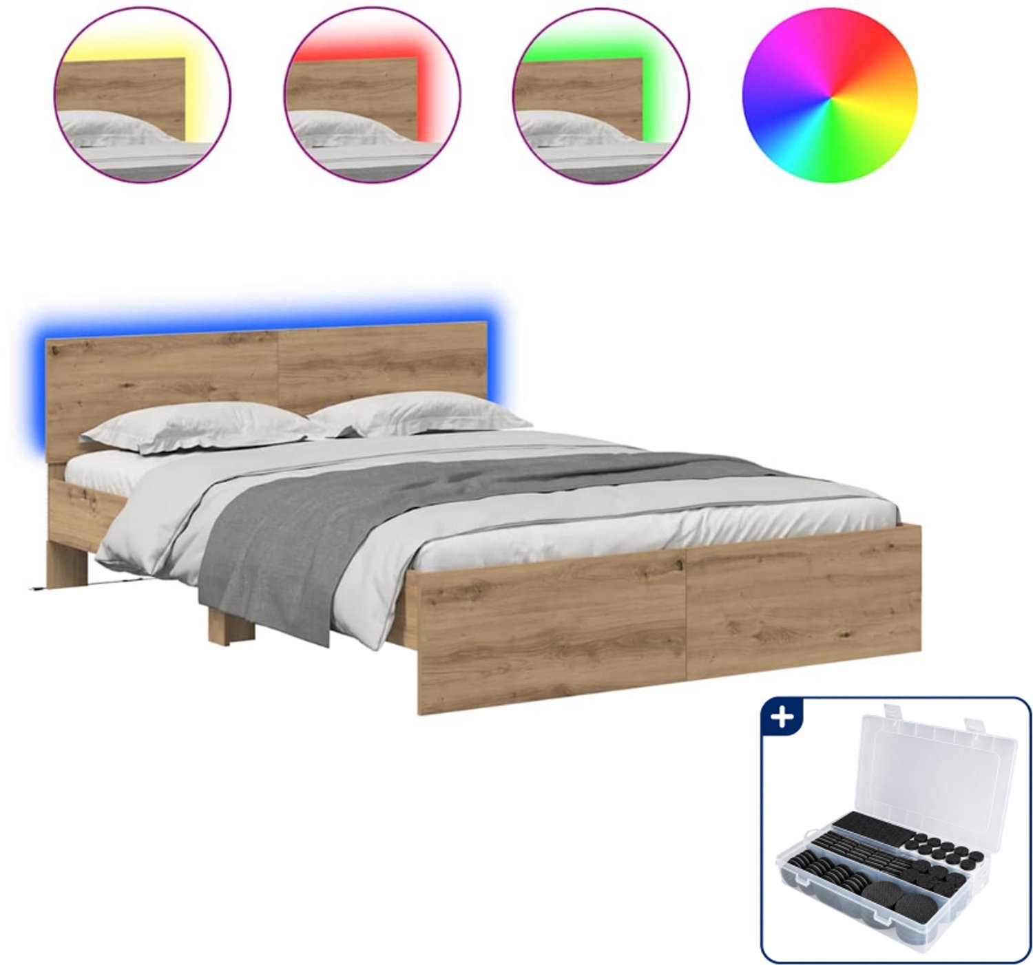 vidaXL bedframe - Small double - 140 x 200 cm - bewerkt hout - artisan eiken - Inclusief antikrasvilt 177-delig Zwart