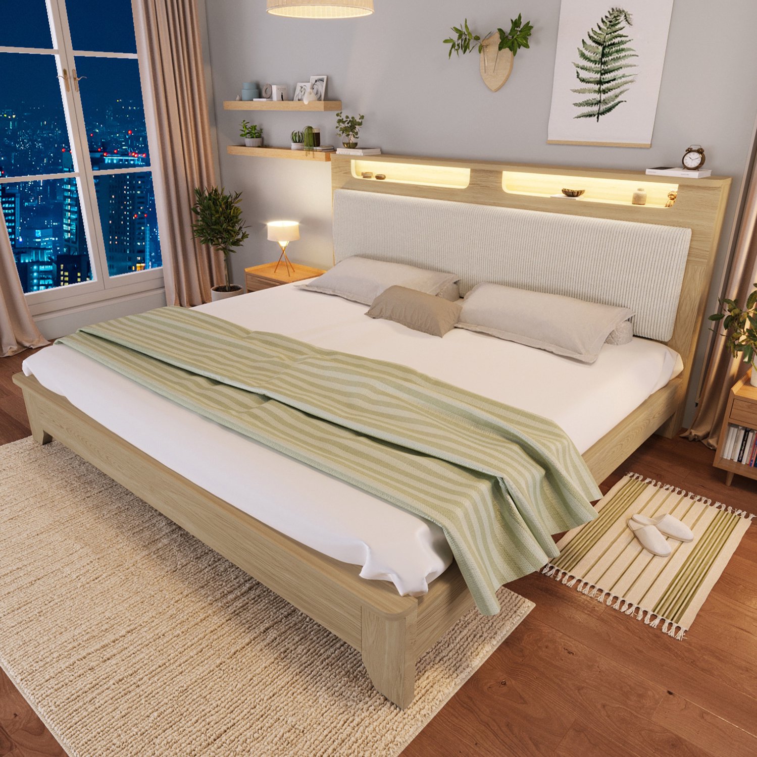 Maisentiel Tweepersoonsbed 180 x 200 cm met opberghoofdbord, LED en lattenbodem - eikenkleur/beige Lichte eikenkleur en beige