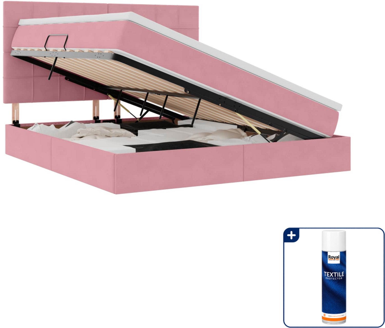 vidaXL opbergbed met matras - Queensize - 160 x 200 cm - roze - Inclusief textielbeschermer 500 ml